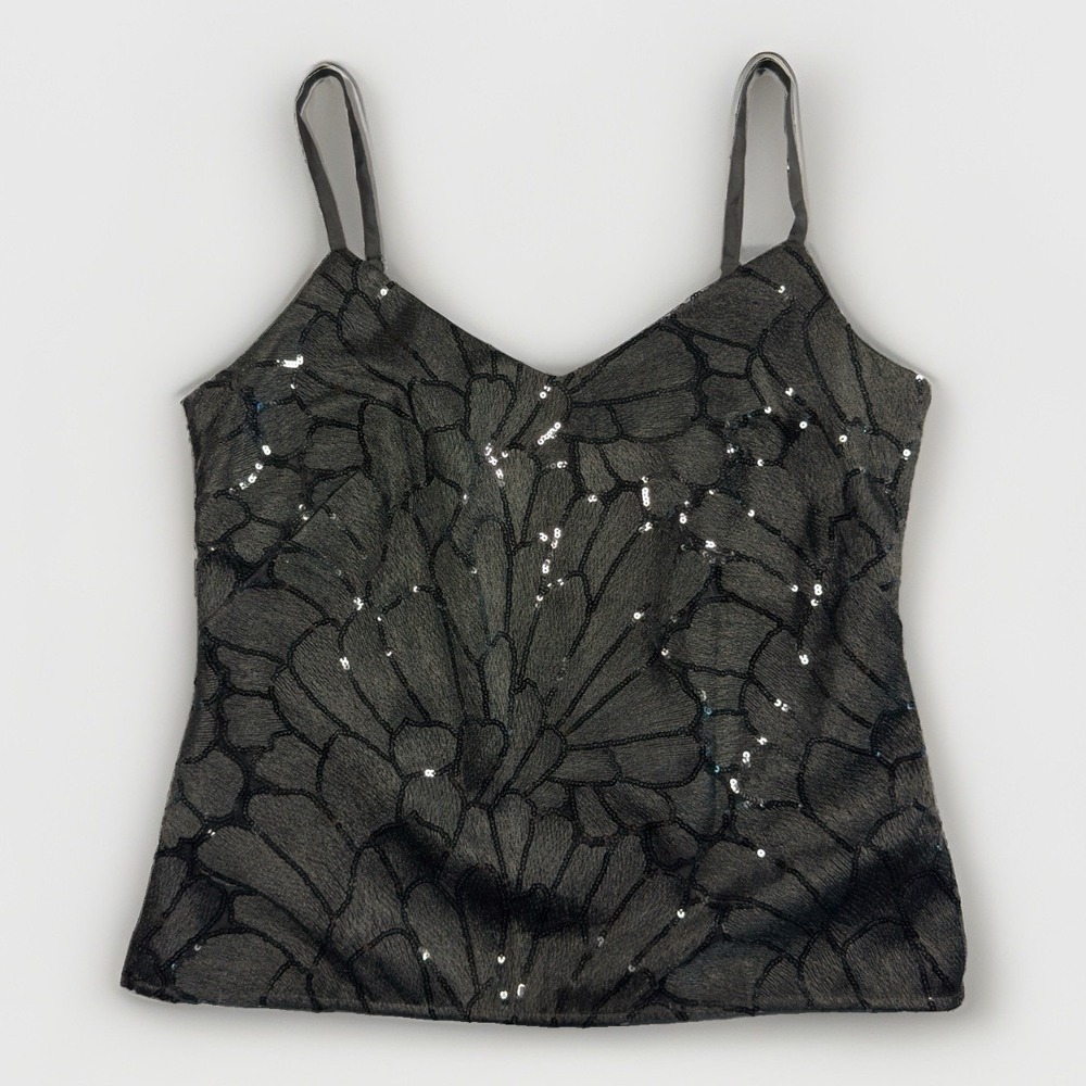 White House Black Market M Black Floral Embroidered Sequin Cami Tank Top